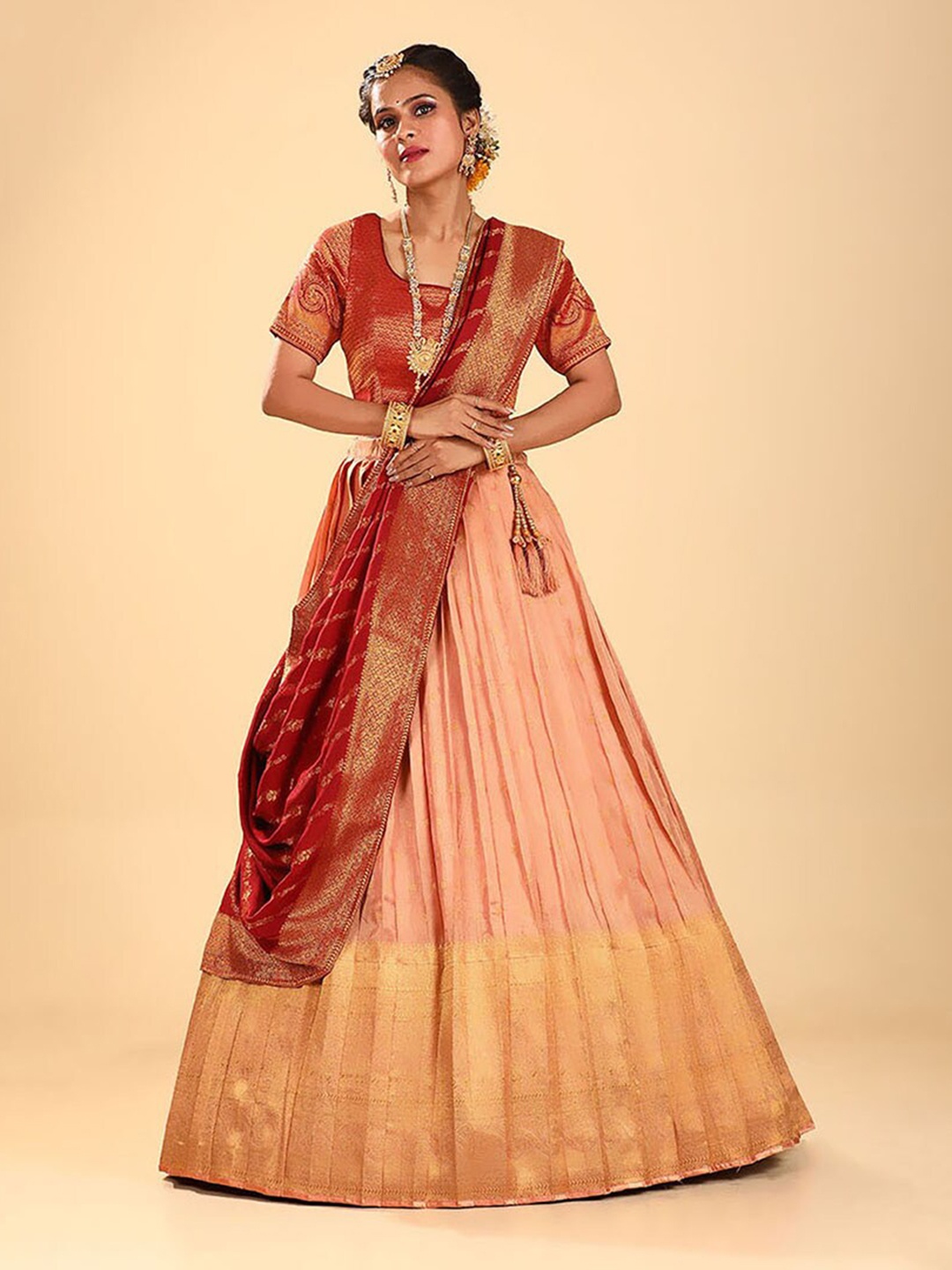 

HALFSAREE STUDIO Semi-Stitched Lehenga & Blouse With Dupatta, Peach