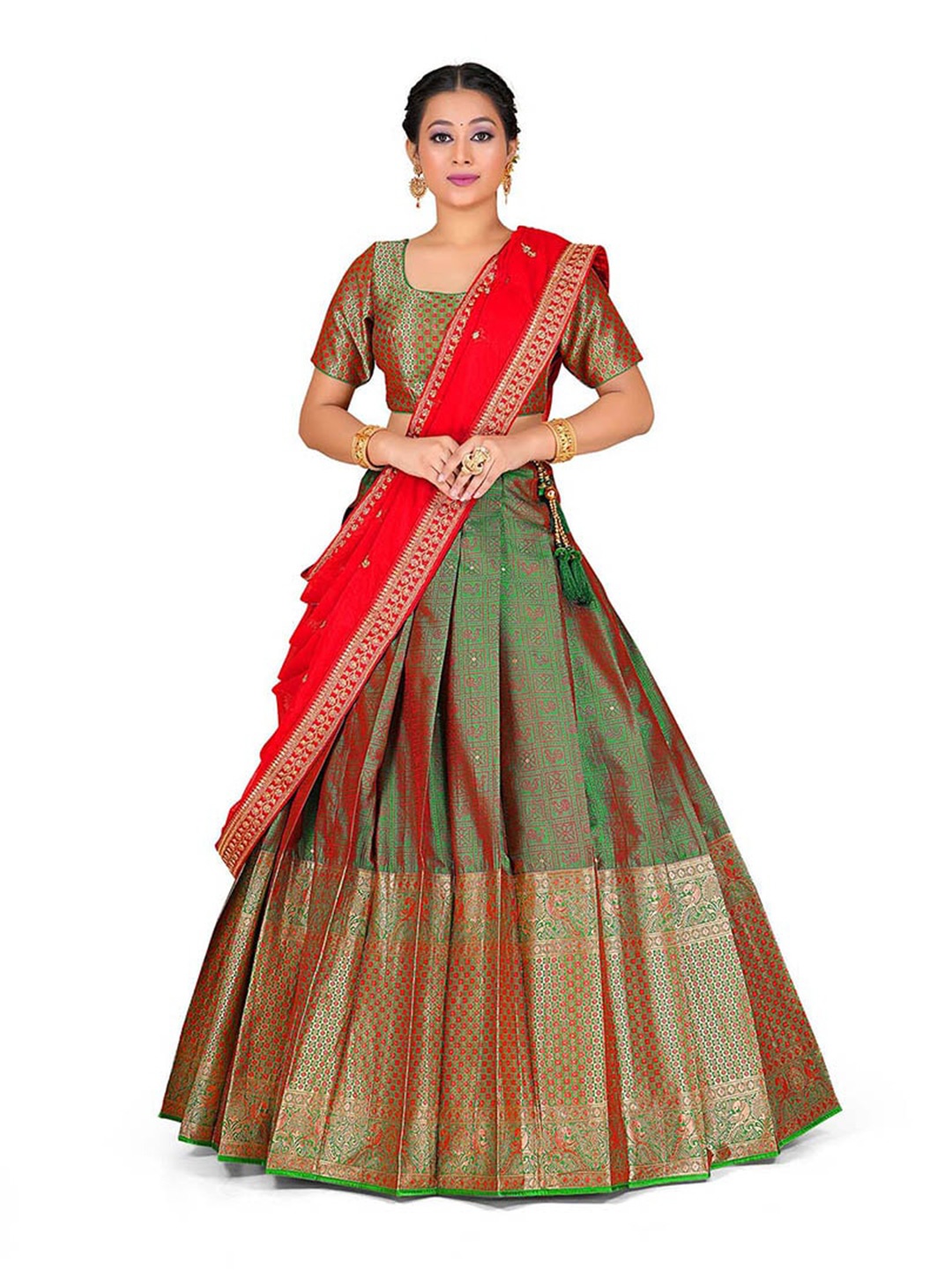 

HALFSAREE STUDIO Woven Design Semi-Stitched Lehenga & Blouse With Dupatta, Green