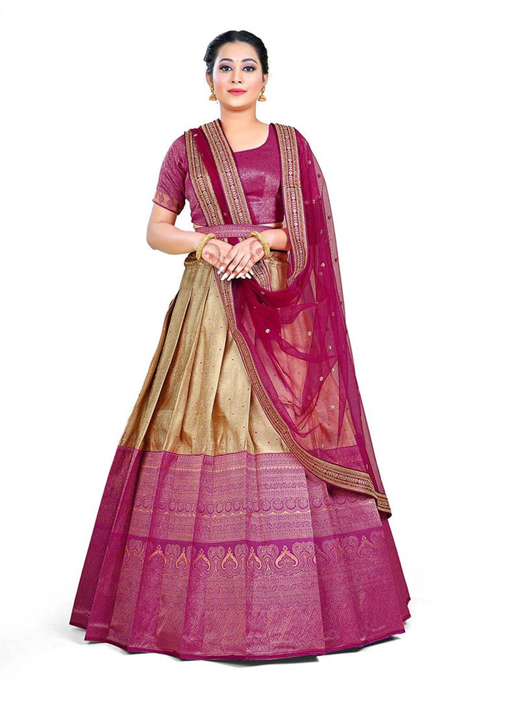 

HALFSAREE STUDIO Woven Design Semi-Stitched Lehenga & Blouse With Dupatta, Beige