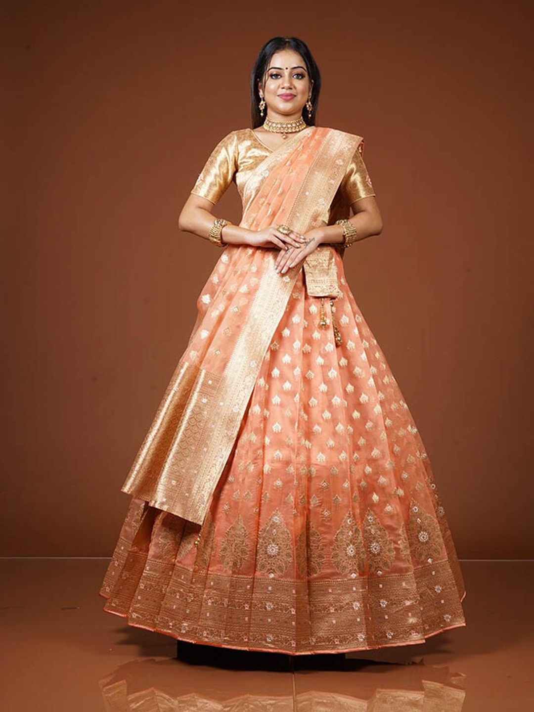 

HALFSAREE STUDIO Woven Design Semi-Stitched Lehenga & Blouse With Dupatta, Peach