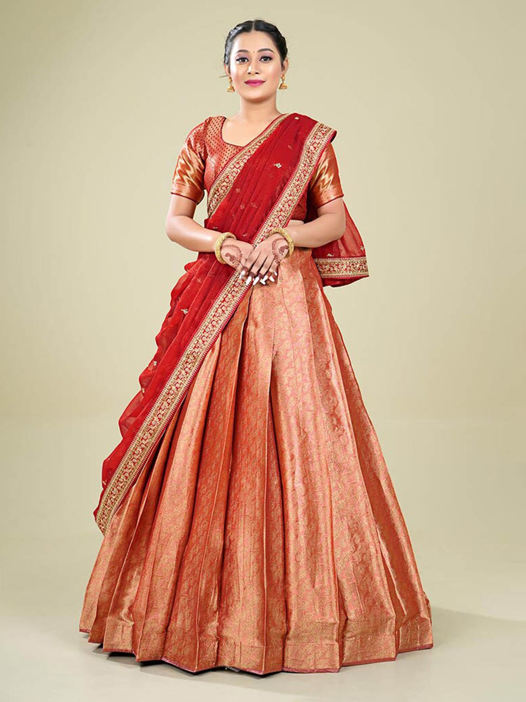 

HALFSAREE STUDIO Semi-Stitched Lehenga & Blouse With Dupatta, Peach