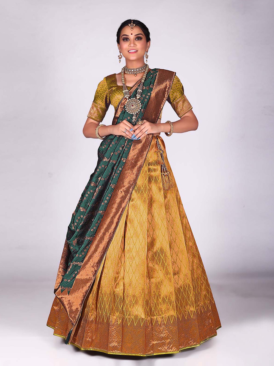 

HALFSAREE STUDIO Semi-Stitched Lehenga & Blouse With Dupatta, Mustard