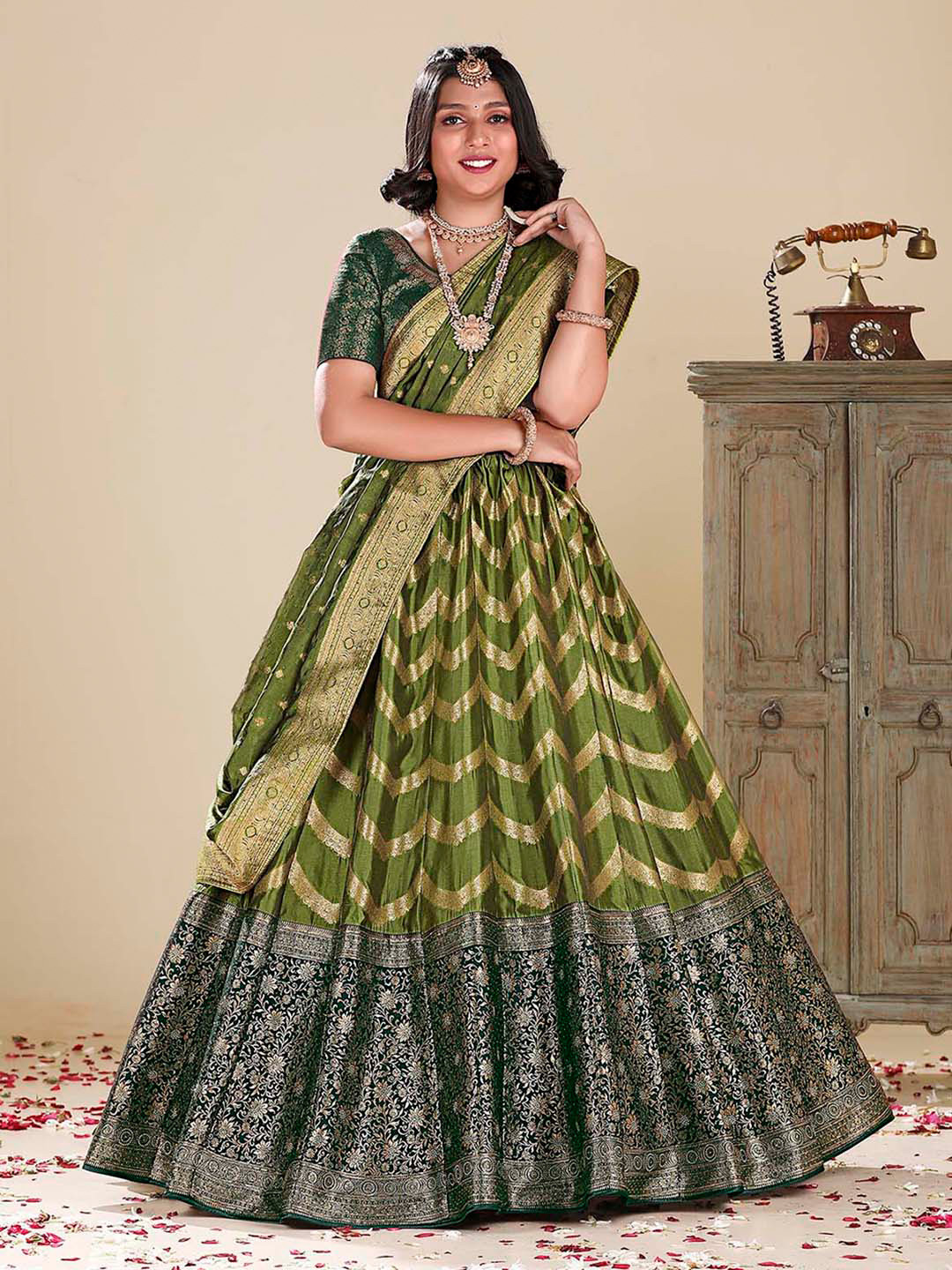 

HALFSAREE STUDIO Woven Design Semi-Stitched Lehenga & Blouse With Dupatta, Olive