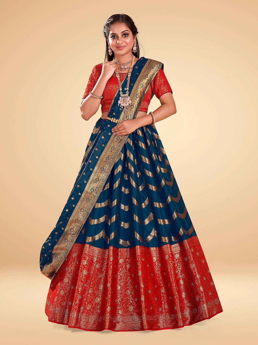 

HALFSAREE STUDIO Woven Design Semi-Stitched Banarasi Silk Lehenga & Blouse With Dupatta, Blue