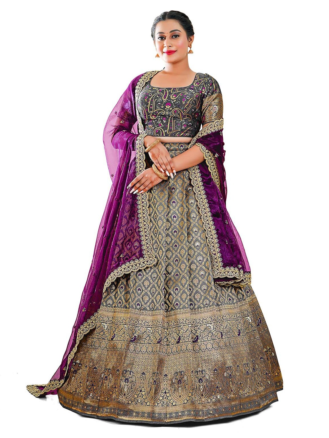 

HALFSAREE STUDIO Woven Design Semi-Stitched Lehenga & Blouse With Dupatta, Grey