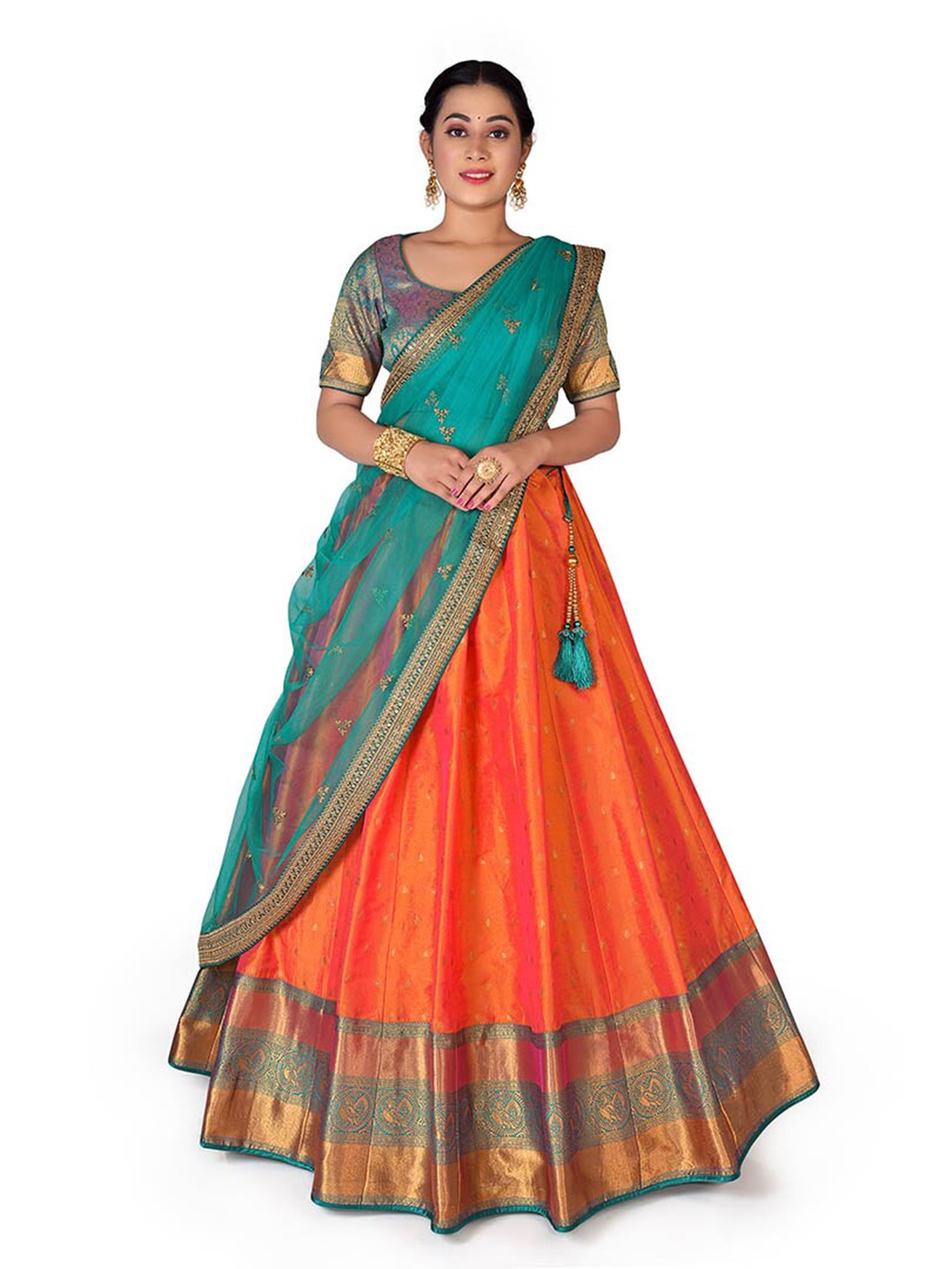 

HALFSAREE STUDIO Woven Design Semi-Stitched Banarasi Silk Lehenga & Blouse With Dupatta, Orange