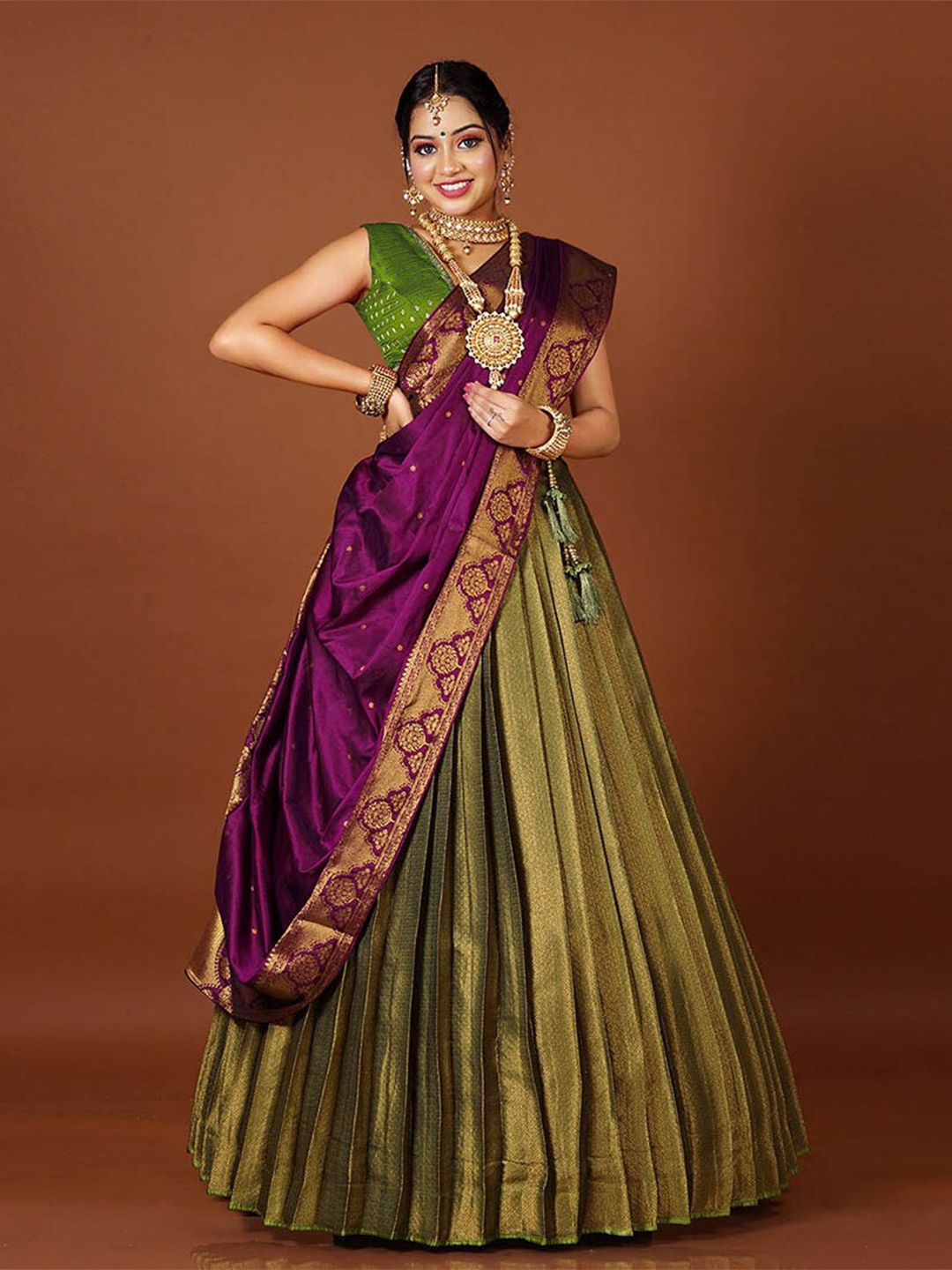 

HALFSAREE STUDIO Semi-Stitched Lehenga & Blouse With Dupatta, Olive