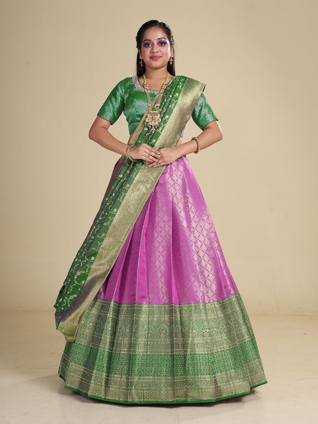 

HALFSAREE STUDIO Woven Design Semi-Stitched Lehenga & Blouse With Dupatta, Purple