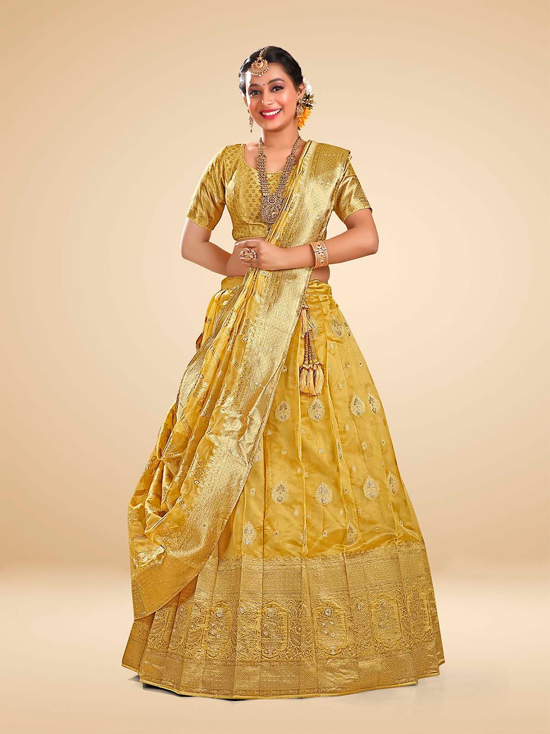 

HALFSAREE STUDIO Semi-Stitched Lehenga & Blouse With Dupatta, Yellow