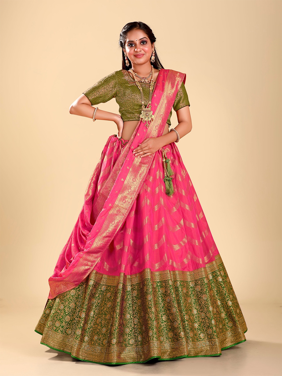 

HALFSAREE STUDIO Woven Design Semi-Stitched Lehenga & Blouse With Dupatta, Pink