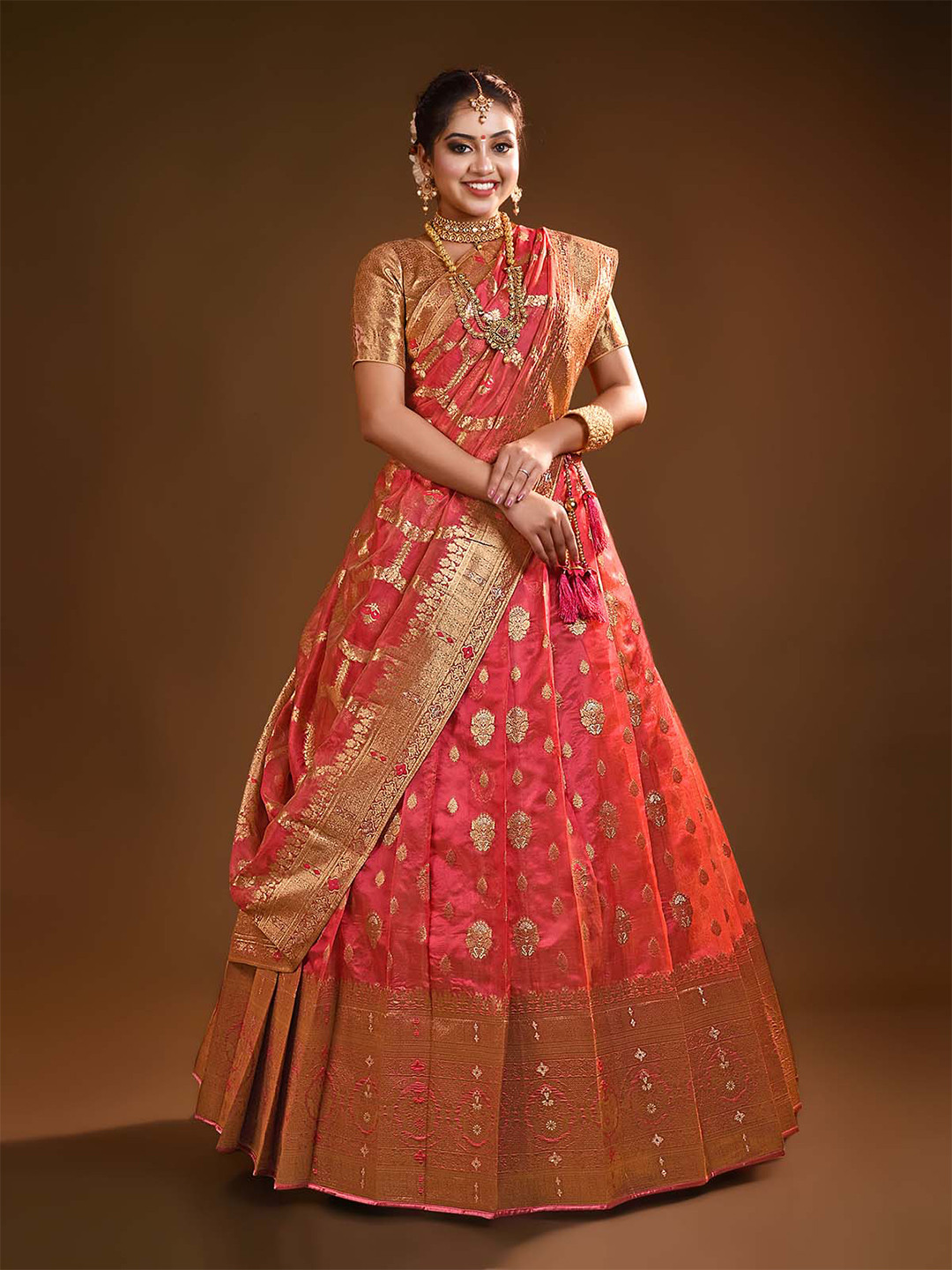 

HALFSAREE STUDIO Semi-Stitched Lehenga & Blouse With Dupatta, Red