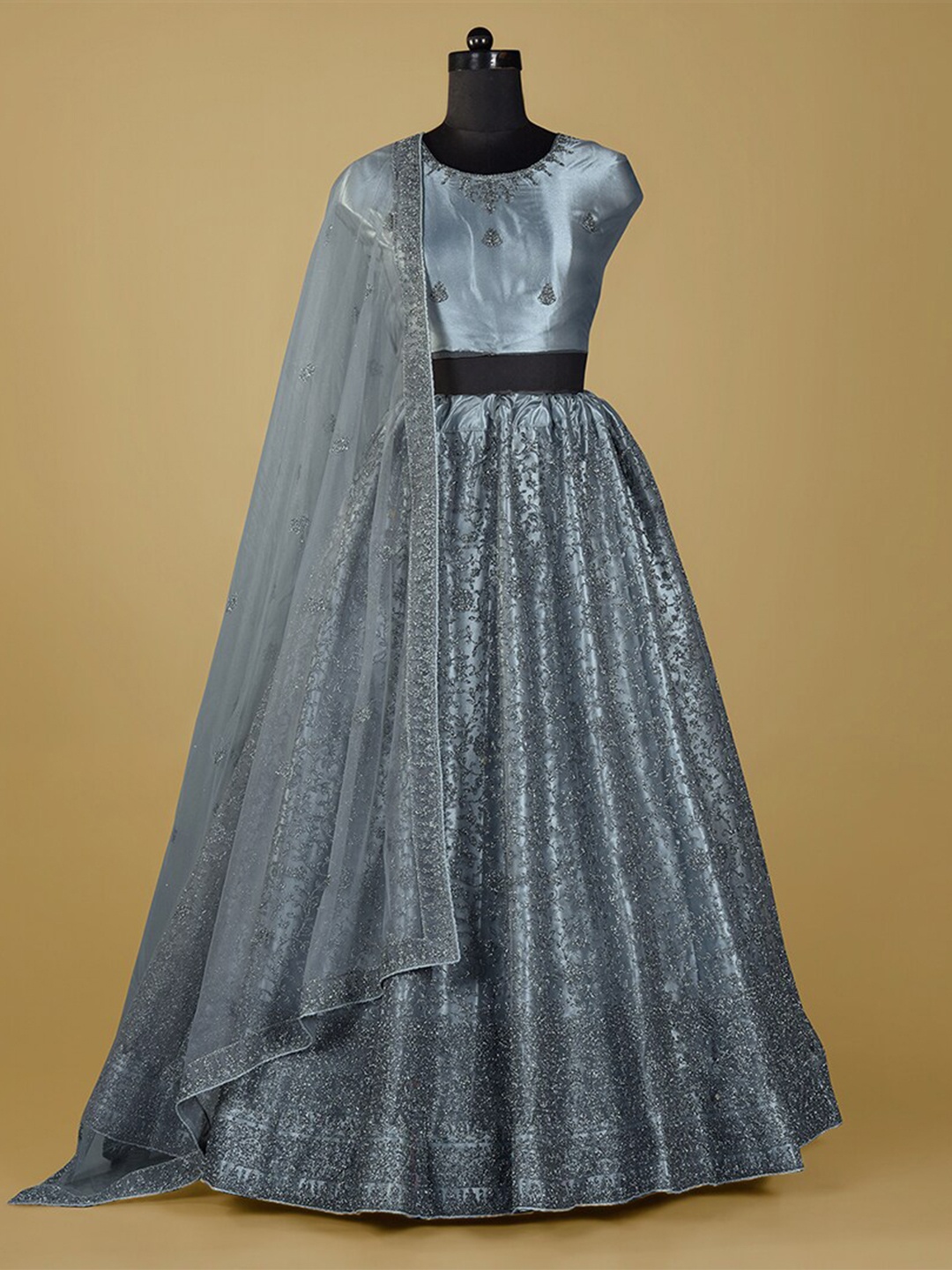 

HALFSAREE STUDIO Embroidered Semi-Stitched Lehenga & Blouse With Dupatta, Grey