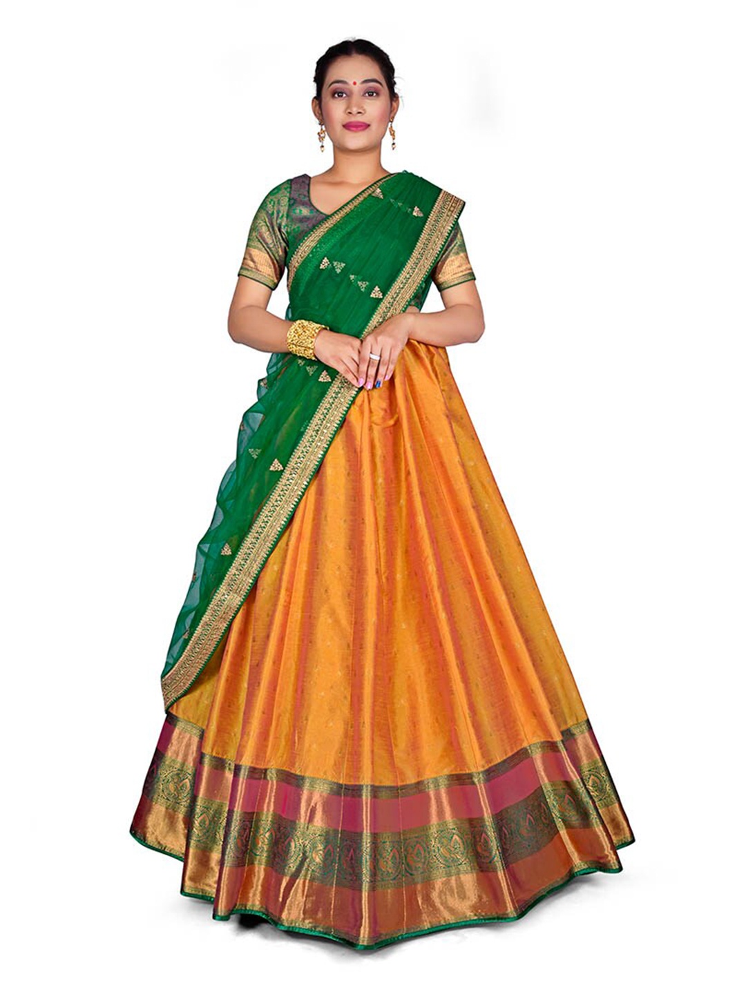 

HALFSAREE STUDIO Woven Design Semi-Stitched Lehenga & Blouse With Dupatta, Green