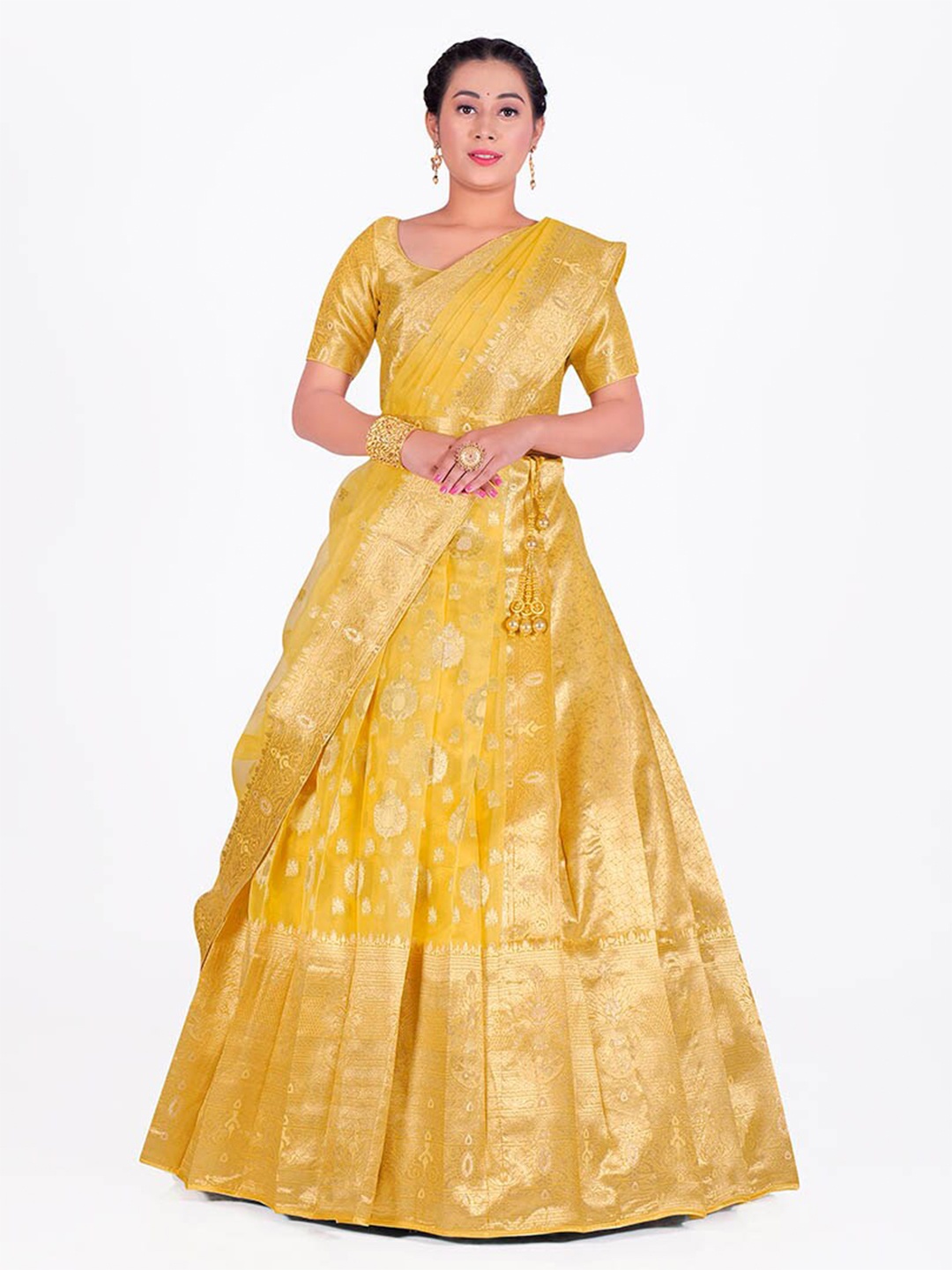 

HALFSAREE STUDIO Woven Design Semi-Stitched Lehenga & Blouse With Dupatta, Yellow