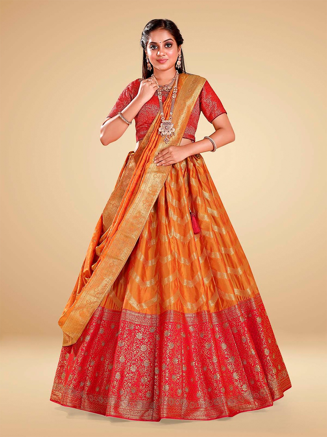 

HALFSAREE STUDIO Semi-Stitched Lehenga & Blouse With Dupatta, Red