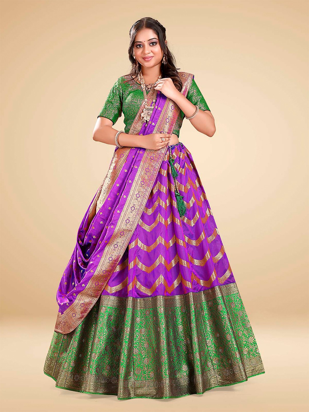 

HALFSAREE STUDIO Semi-Stitched Lehenga & Blouse With Dupatta, Purple