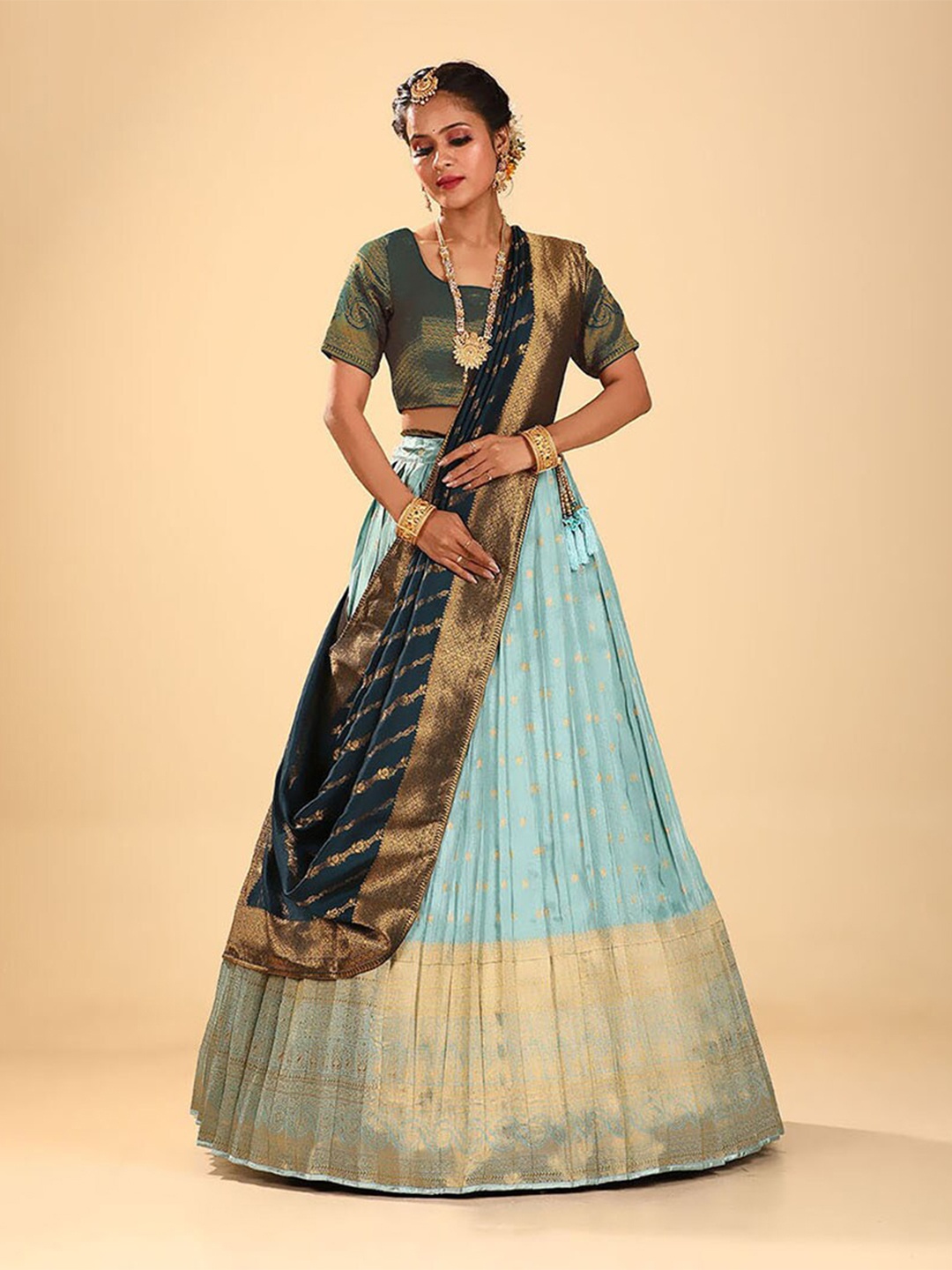 

HALFSAREE STUDIO Semi-Stitched Lehenga & Blouse With Dupatta, Blue