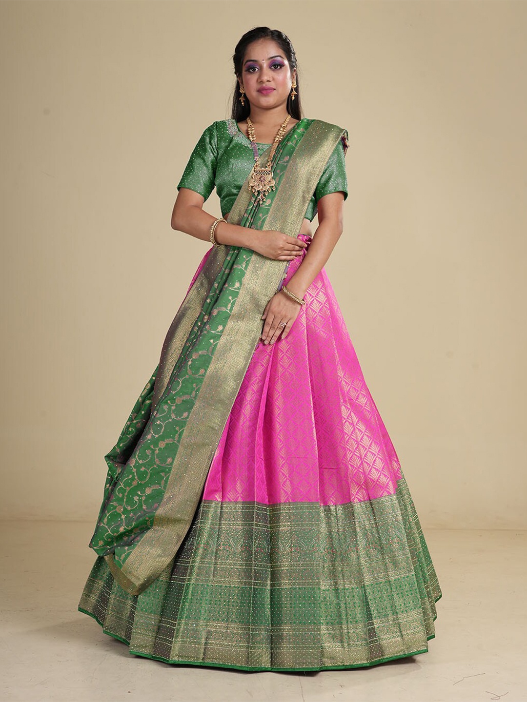 

HALFSAREE STUDIO Semi-Stitched Lehenga & Blouse With Dupatta, Pink