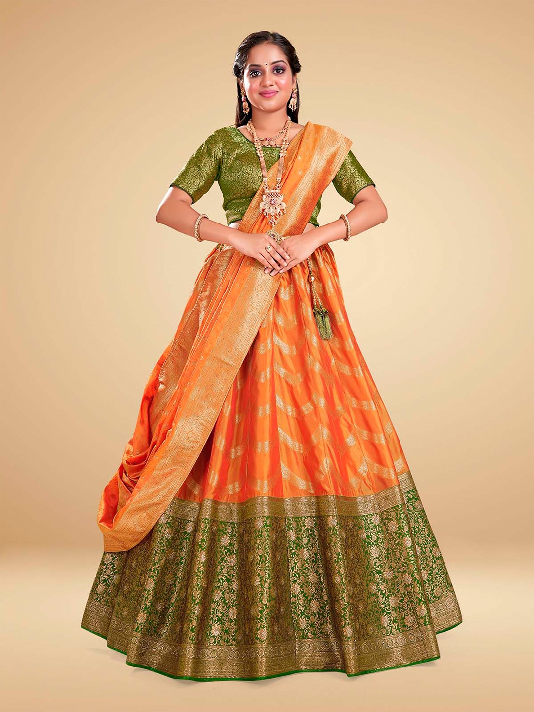 

HALFSAREE STUDIO Semi-Stitched Lehenga & Blouse With Dupatta, Gold