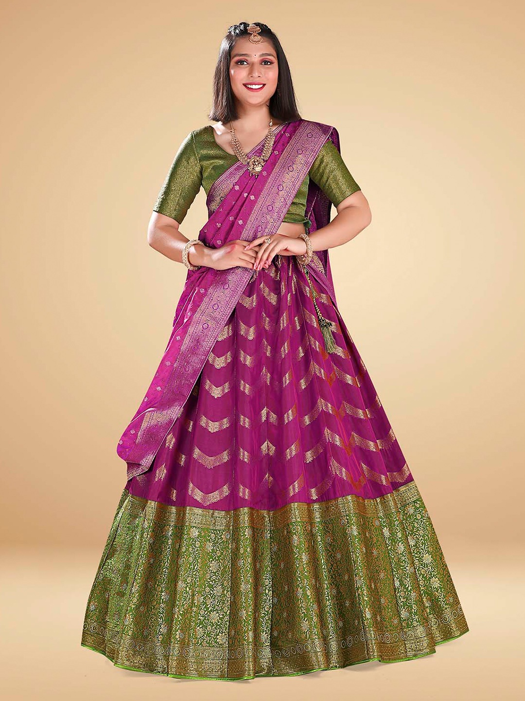 

HALFSAREE STUDIO Woven Design Semi-Stitched Banarasi Silk Lehenga & Blouse With Dupatta, Purple