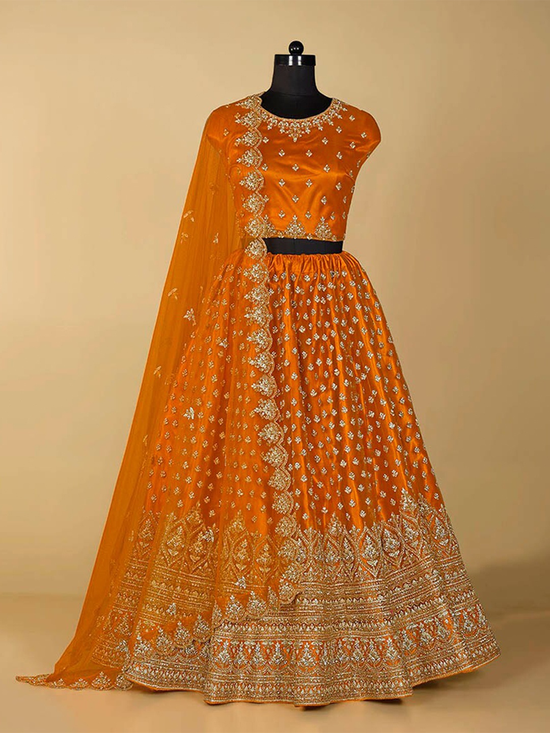 

HALFSAREE STUDIO Embroidered Semi-Stitched Banarasi Silk Lehenga & Blouse With Dupatta, Mustard