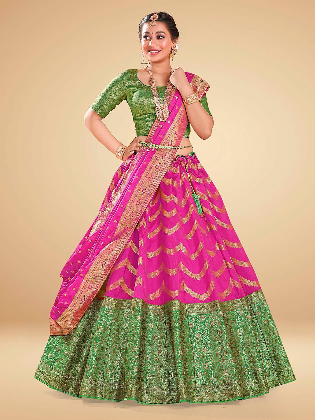 

HALFSAREE STUDIO Woven Design Semi-Stitched Lehenga & Blouse With Dupatta, Pink