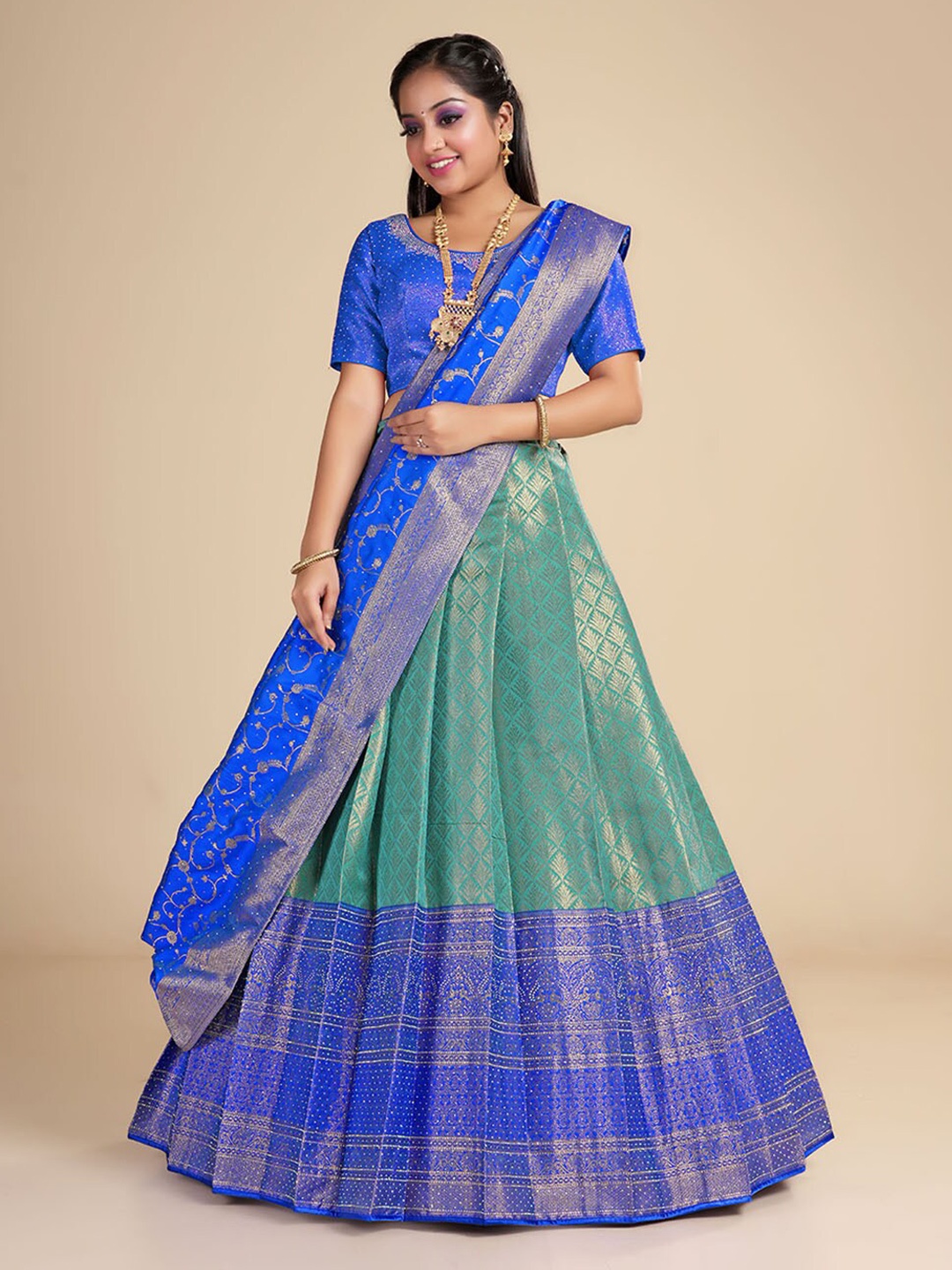 

HALFSAREE STUDIO Semi-Stitched Lehenga & Blouse With Dupatta, Green