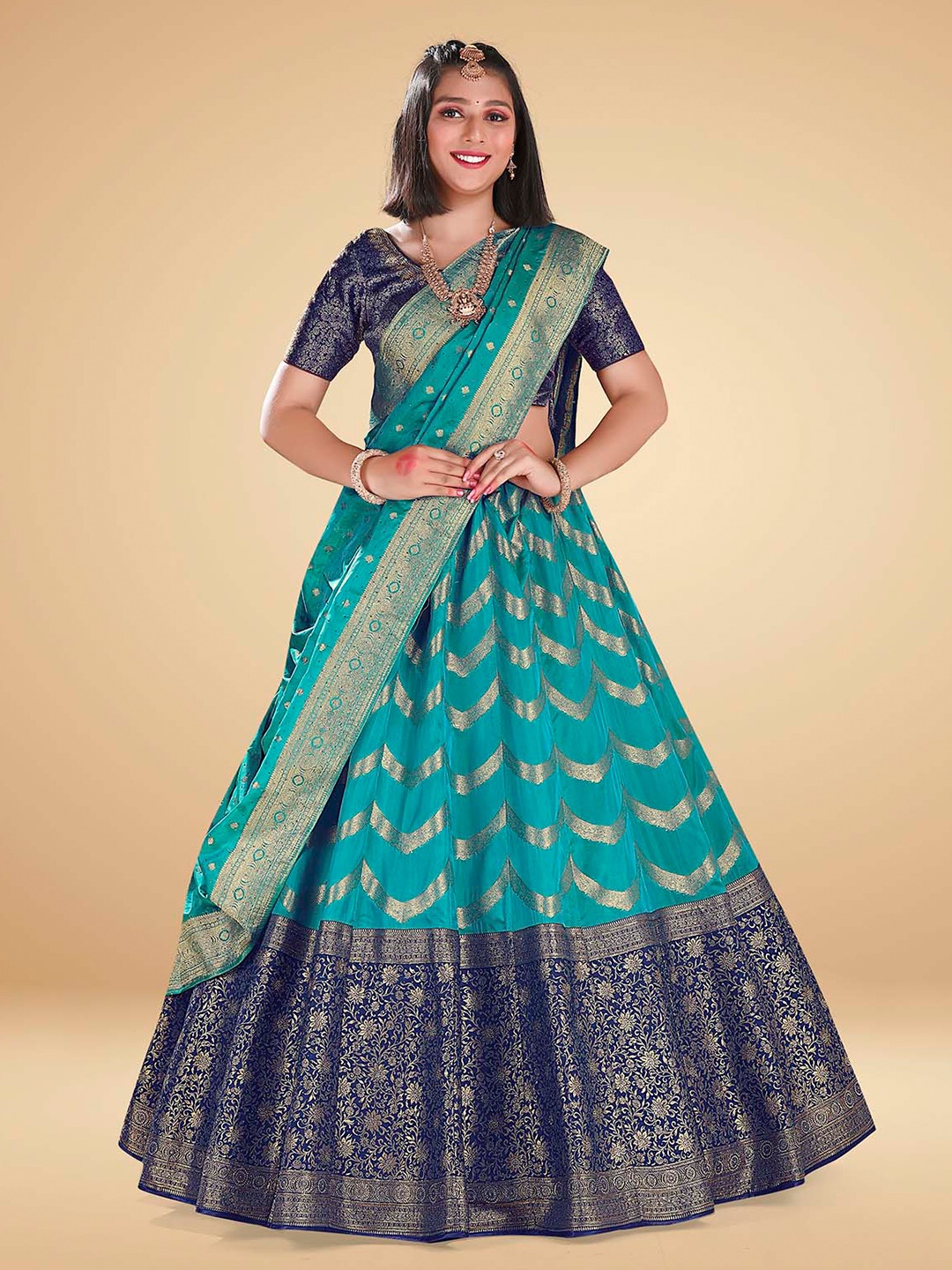

HALFSAREE STUDIO Woven Design Semi-Stitched Lehenga & Blouse With Dupatta, Green