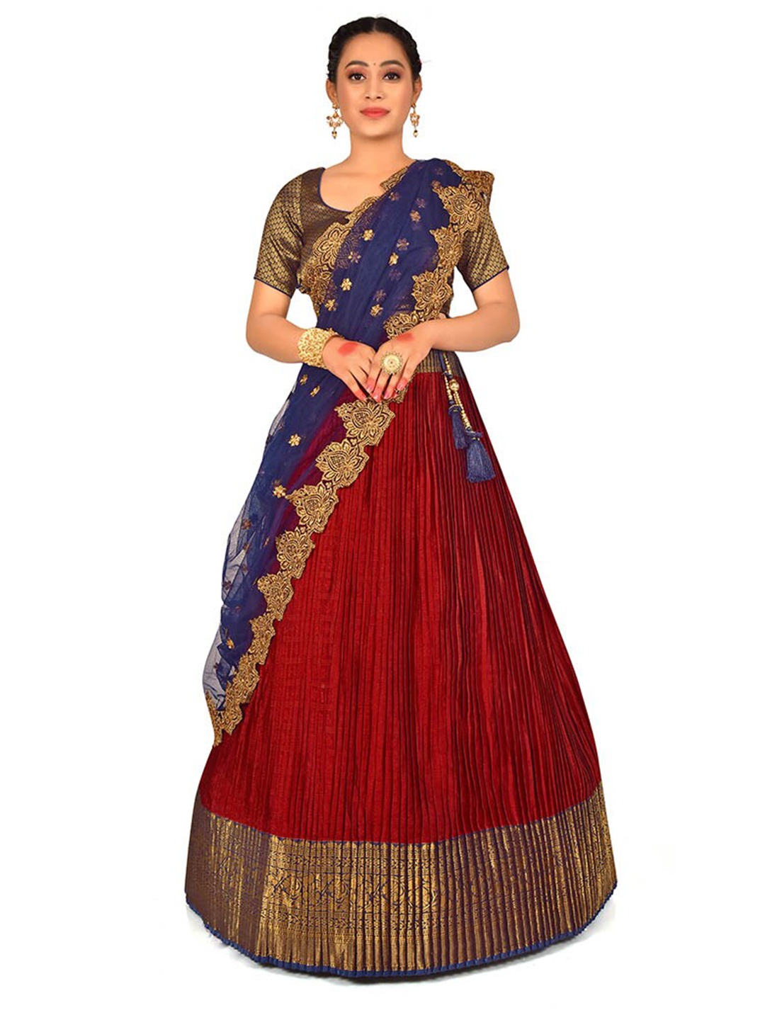 

HALFSAREE STUDIO Semi-Stitched Lehenga & Blouse With Dupatta, Maroon
