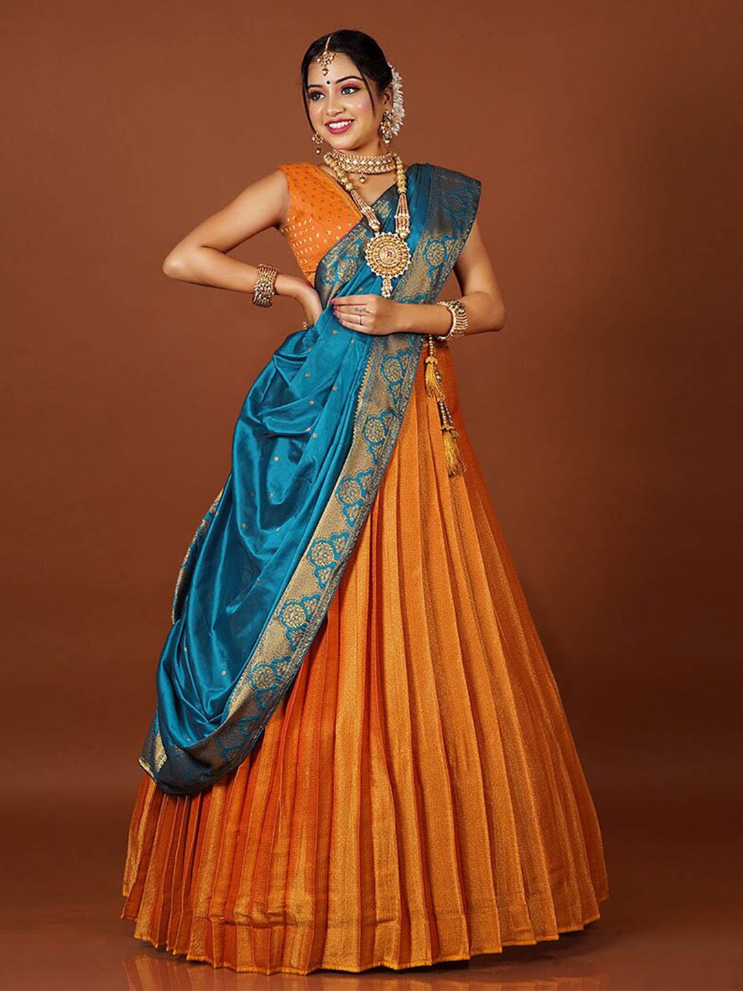 

HALFSAREE STUDIO Woven Design Semi-Stitched Banarasi Silk Lehenga & Blouse With Dupatta, Gold