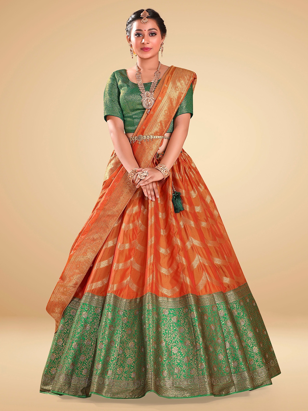 

HALFSAREE STUDIO Semi-Stitched Lehenga & Blouse With Dupatta, Gold