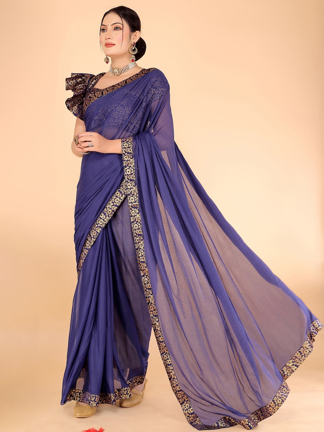 

Florence Zari Art Silk Saree, Navy blue