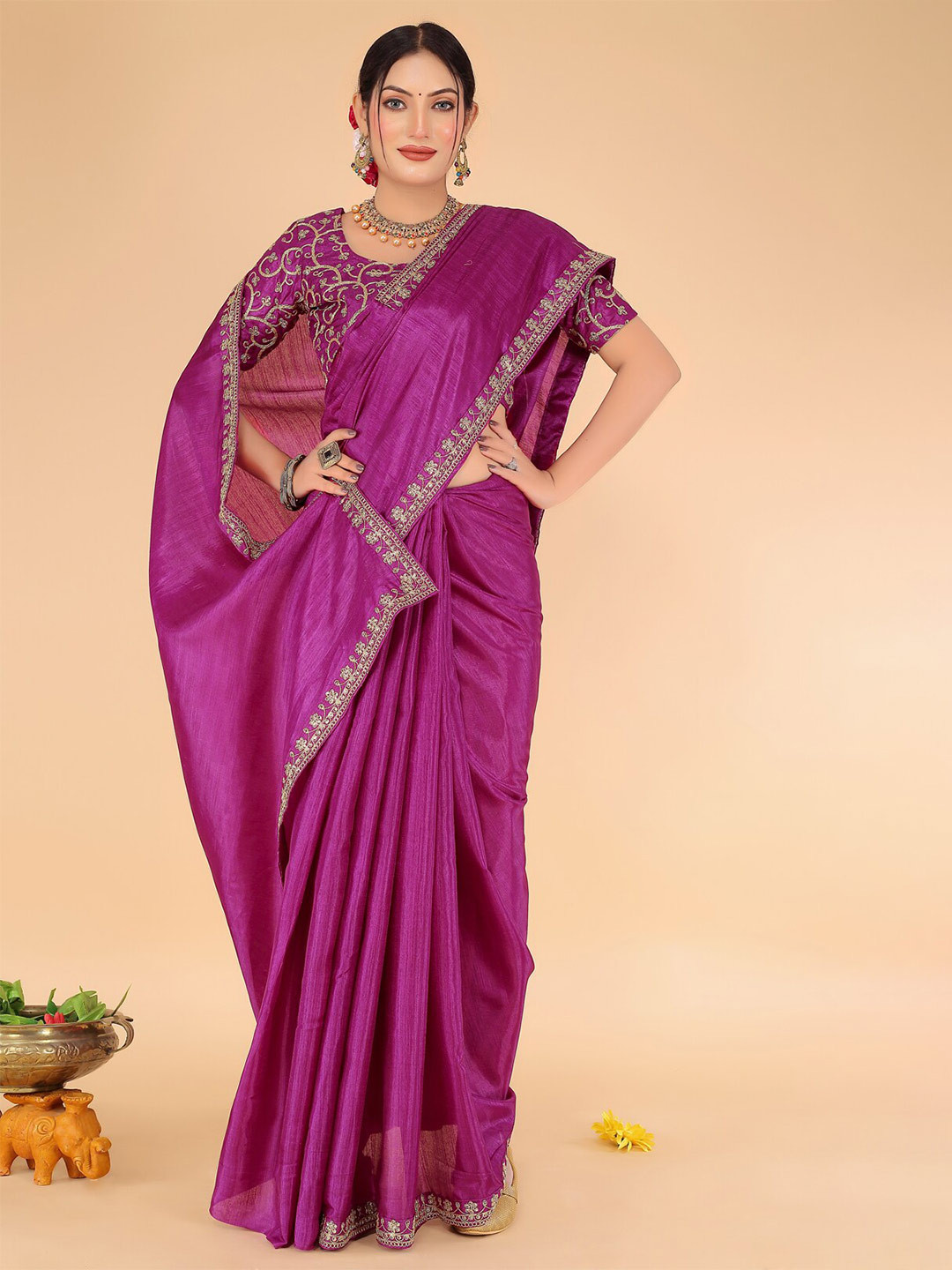 

KALINI Zari Embroidered Border Art Silk Saree, Purple