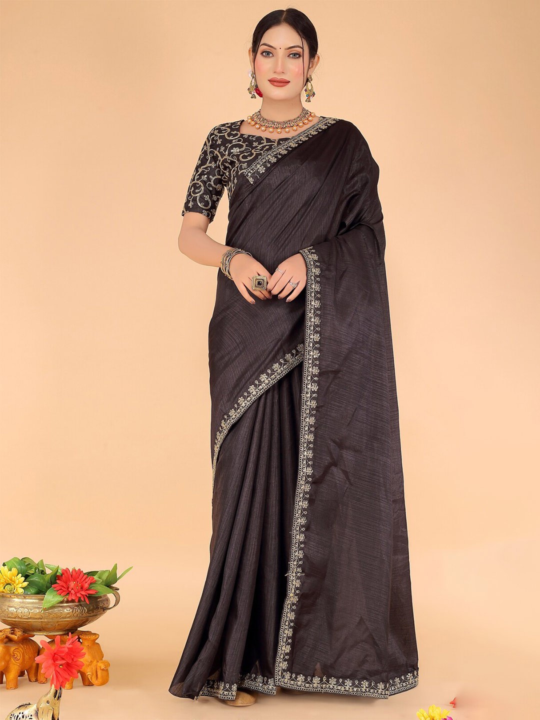 

KALINI Zari Embroidered Border Art Silk Saree, Black