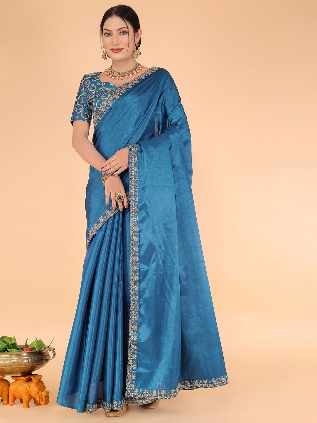 

Florence Soild Embroidered Art Silk Saree, Blue