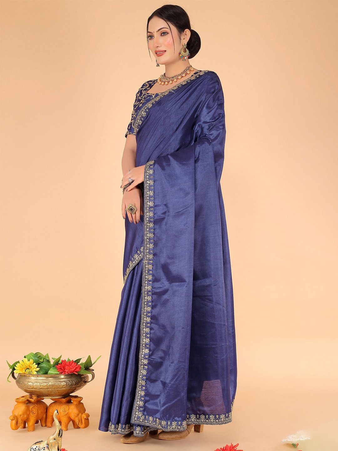 

Florence Soild Embroidered Art Silk Saree, Navy blue