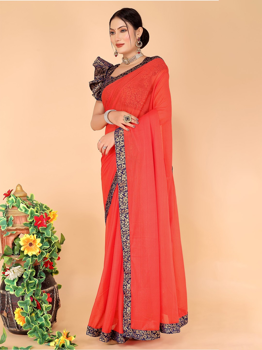 

KALINI Zari Woven Design Border Art Silk Saree, Orange