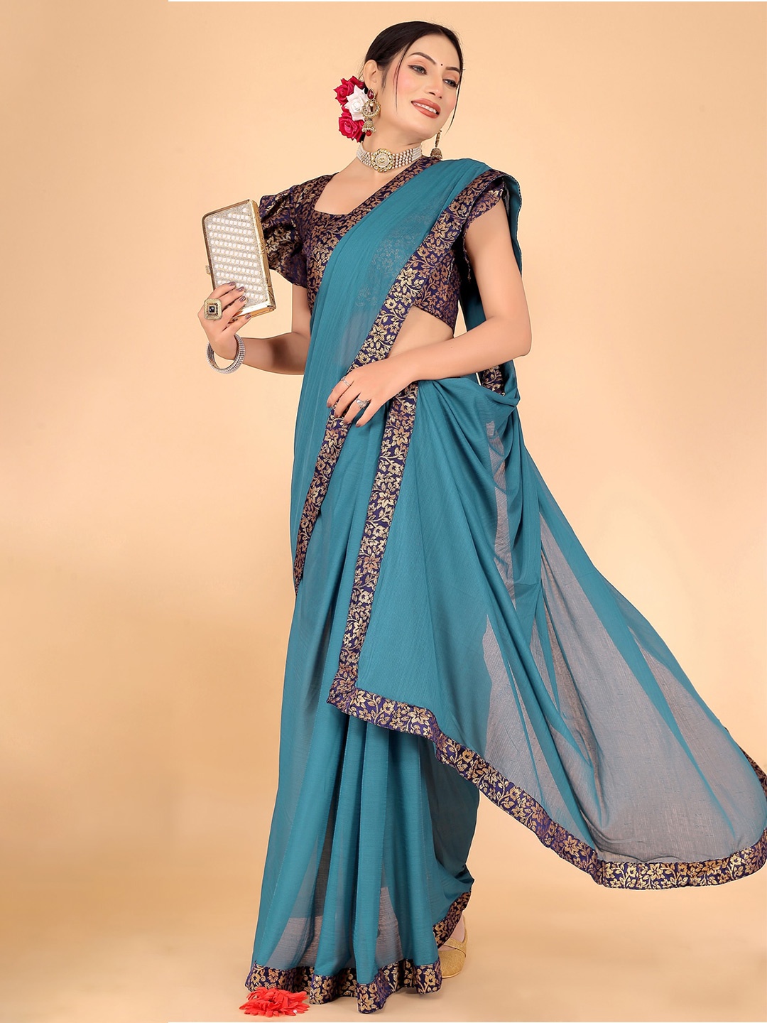 

KALINI Zari Woven Design Border Art Silk Saree, Teal