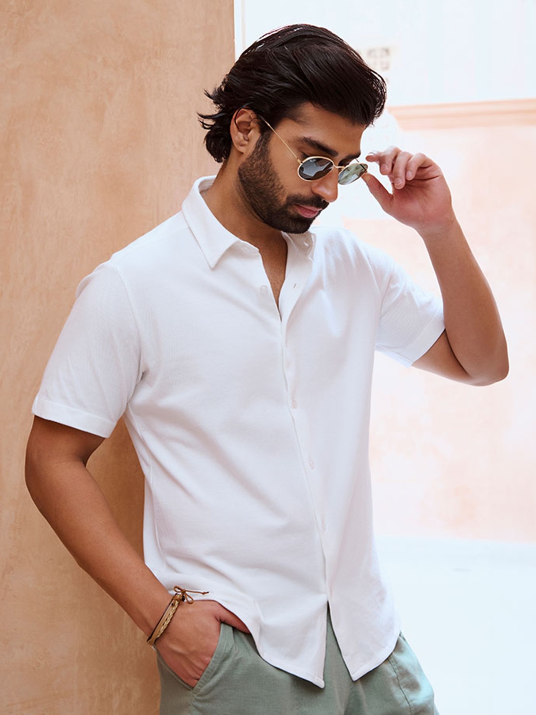 

KINGDOM OF WHITE Pure Cotton Pique Casual Slim Fit Shirt