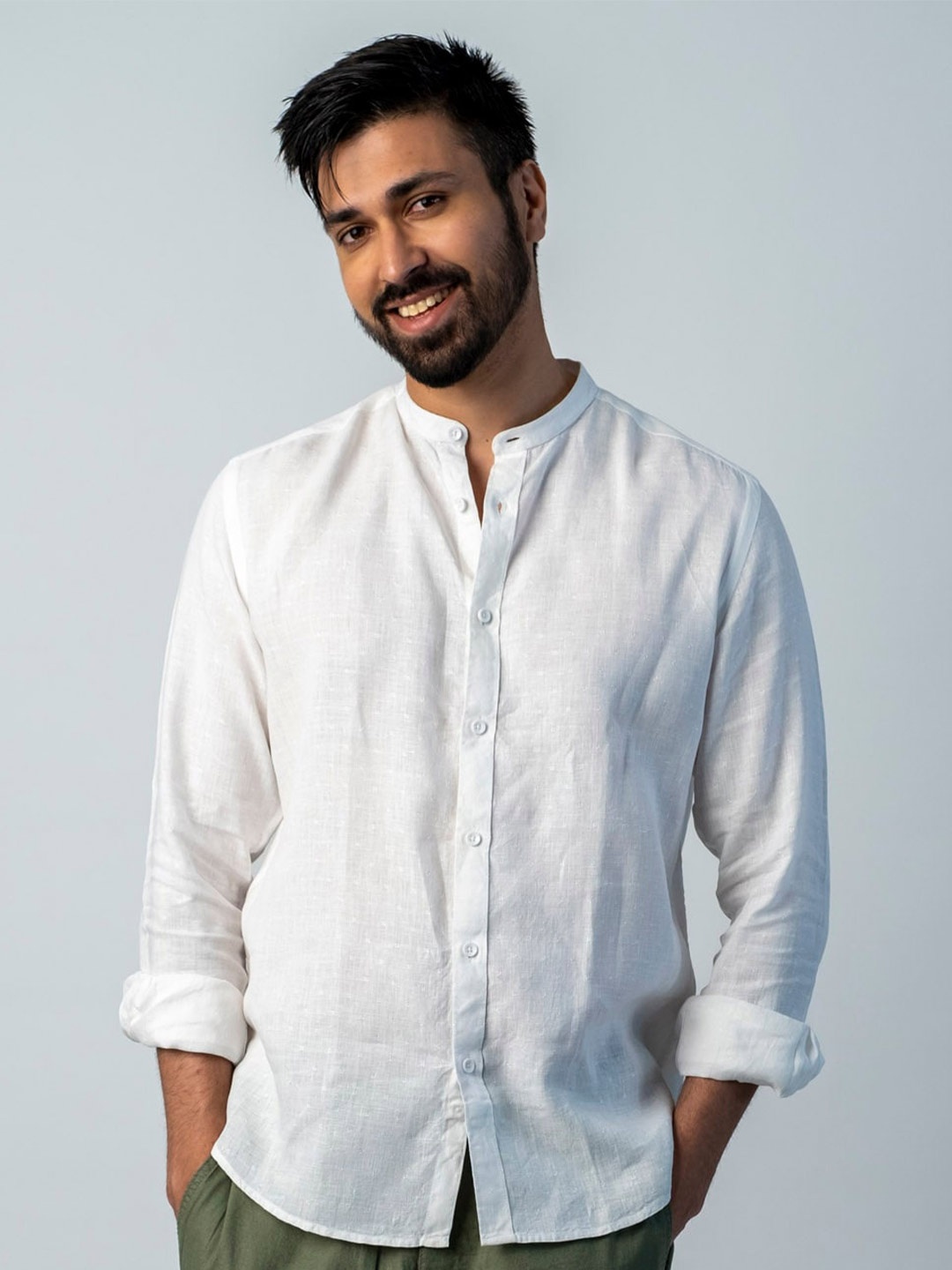 

KINGDOM OF WHITE Band Collar Cotton Casual Shirt