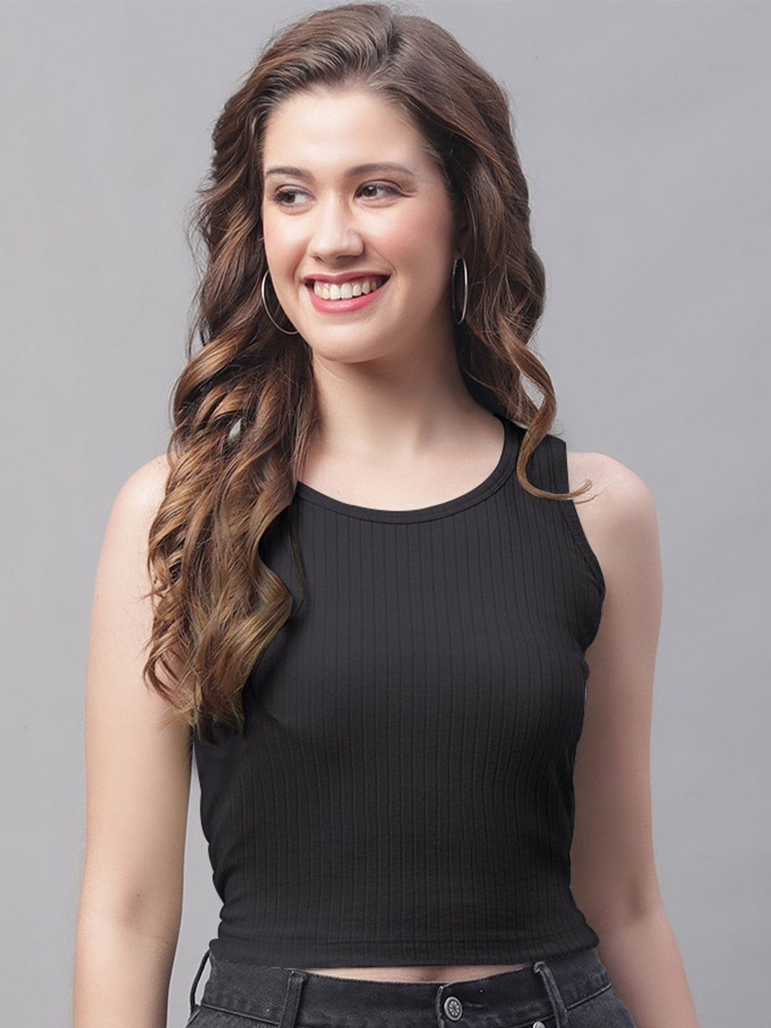 

Friskers Round Neck Cotton Fitted Crop Top, Black