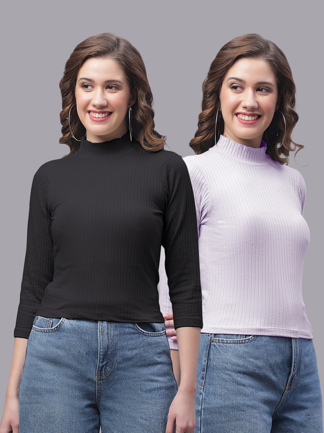 

Friskers Pack of 2 Turtle Neck Full Sleeve Fitted Top, Black