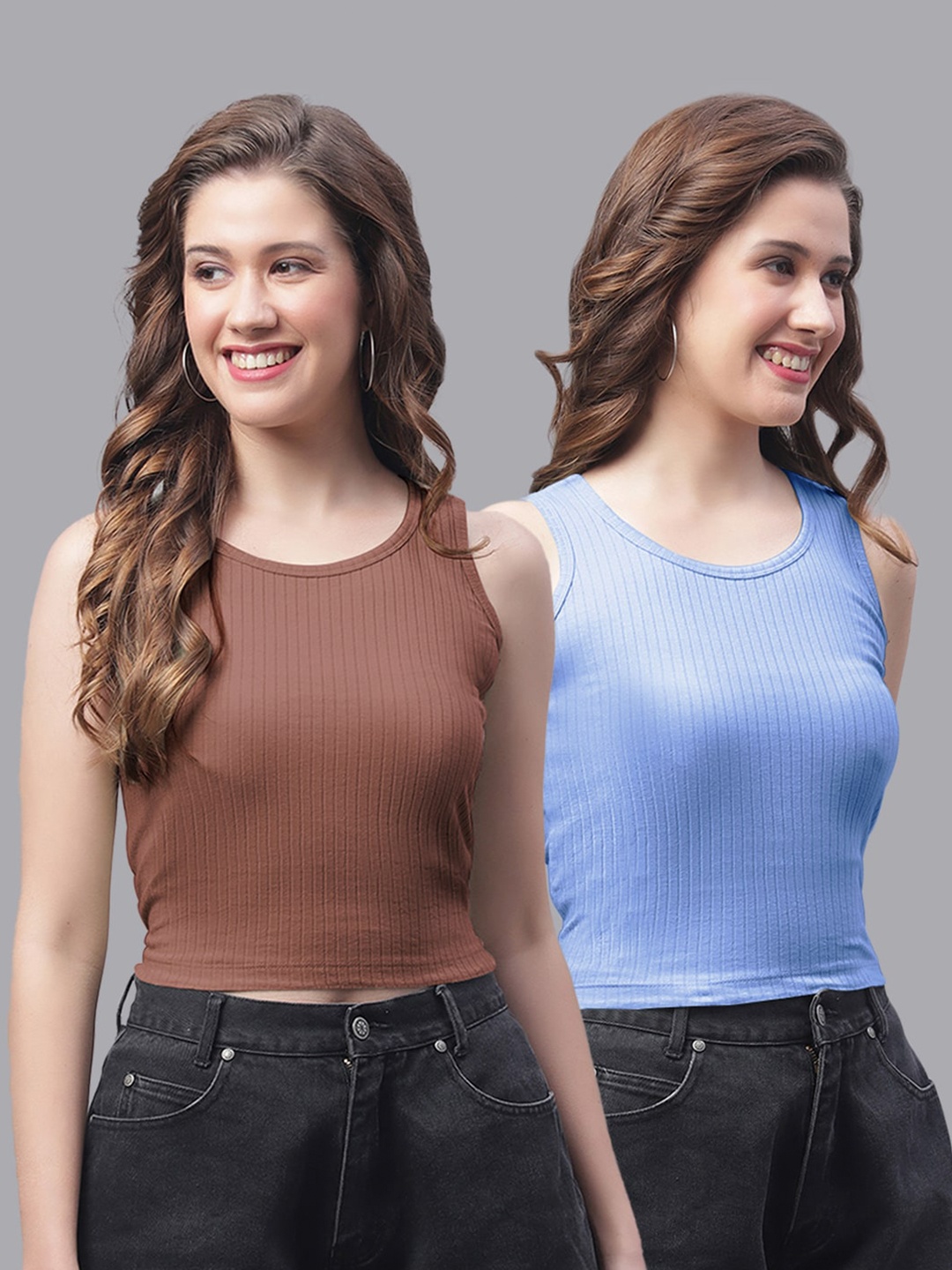 

Friskers Pack of 2 Sleeveless Fitted Crop Top, Brown