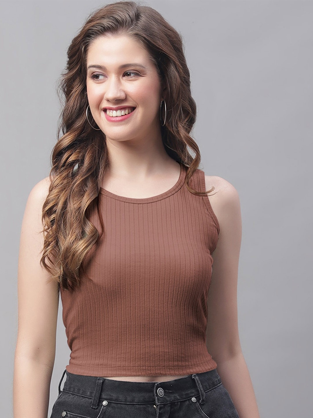

Friskers Sleeveless Fitted Crop Top, Brown