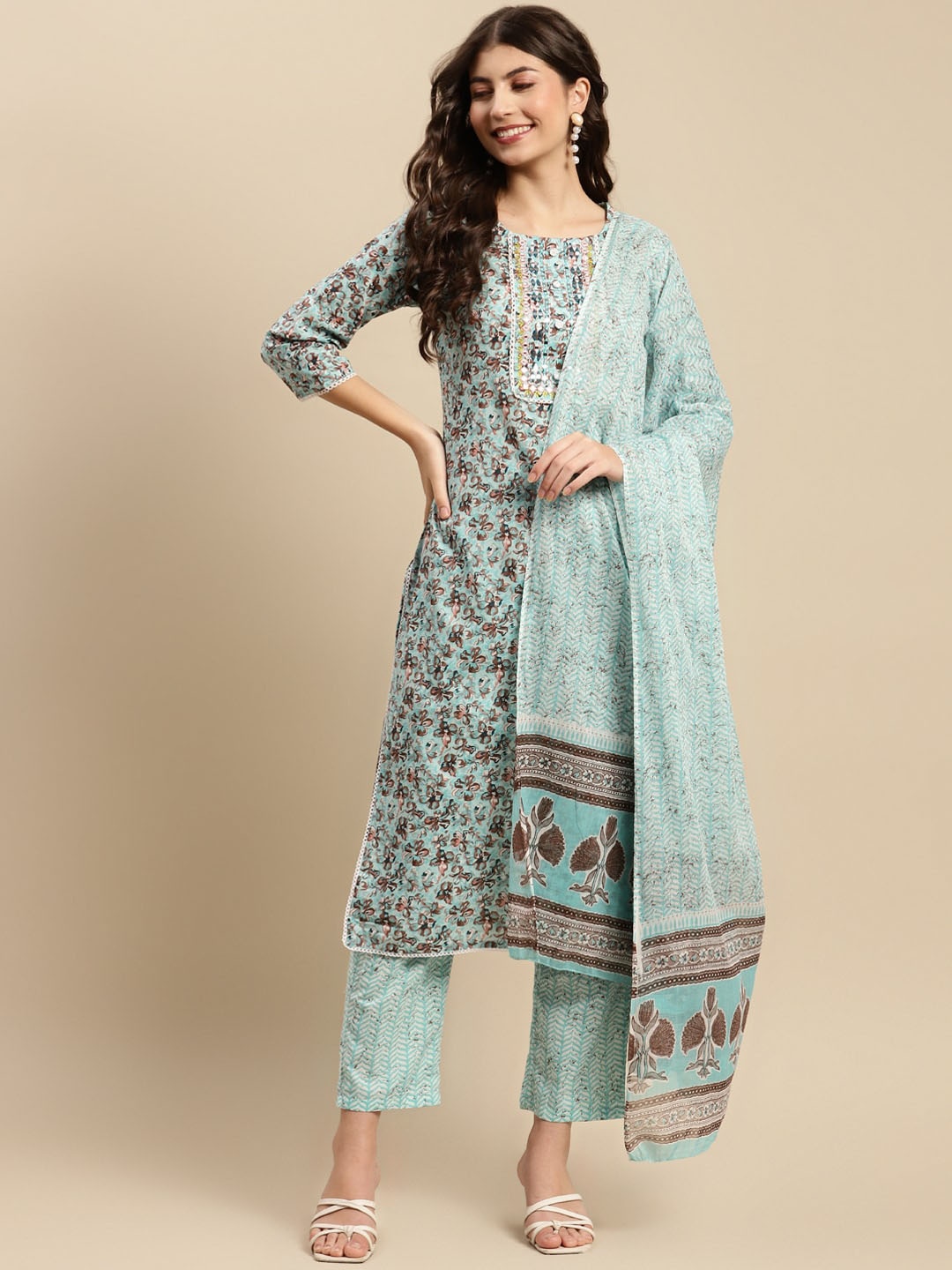 

Sangria Sea Green & Brown Floral Printed Pure-Cotton Straight Kurta With Trouser & Dupatta