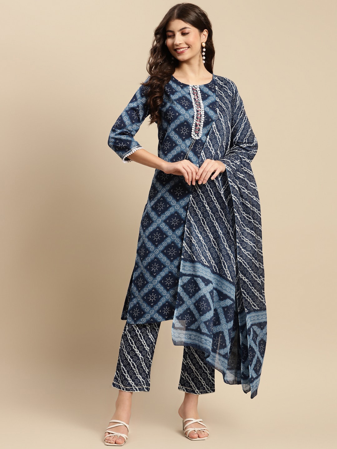 

Sangria Indigo Blue Geometric Printed Pure-Cotton Straight Kurta With Trouser & Dupatta