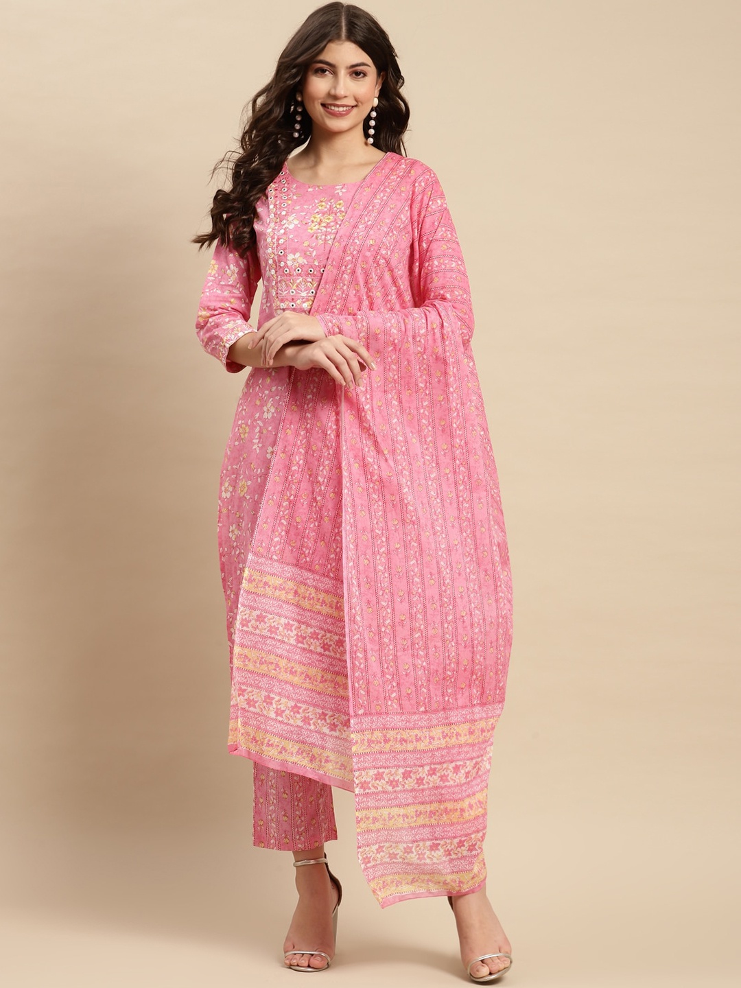 

Sangria Floral Printed Pure-Cotton Straight Kurta With Trouser & Dupatta, Pink