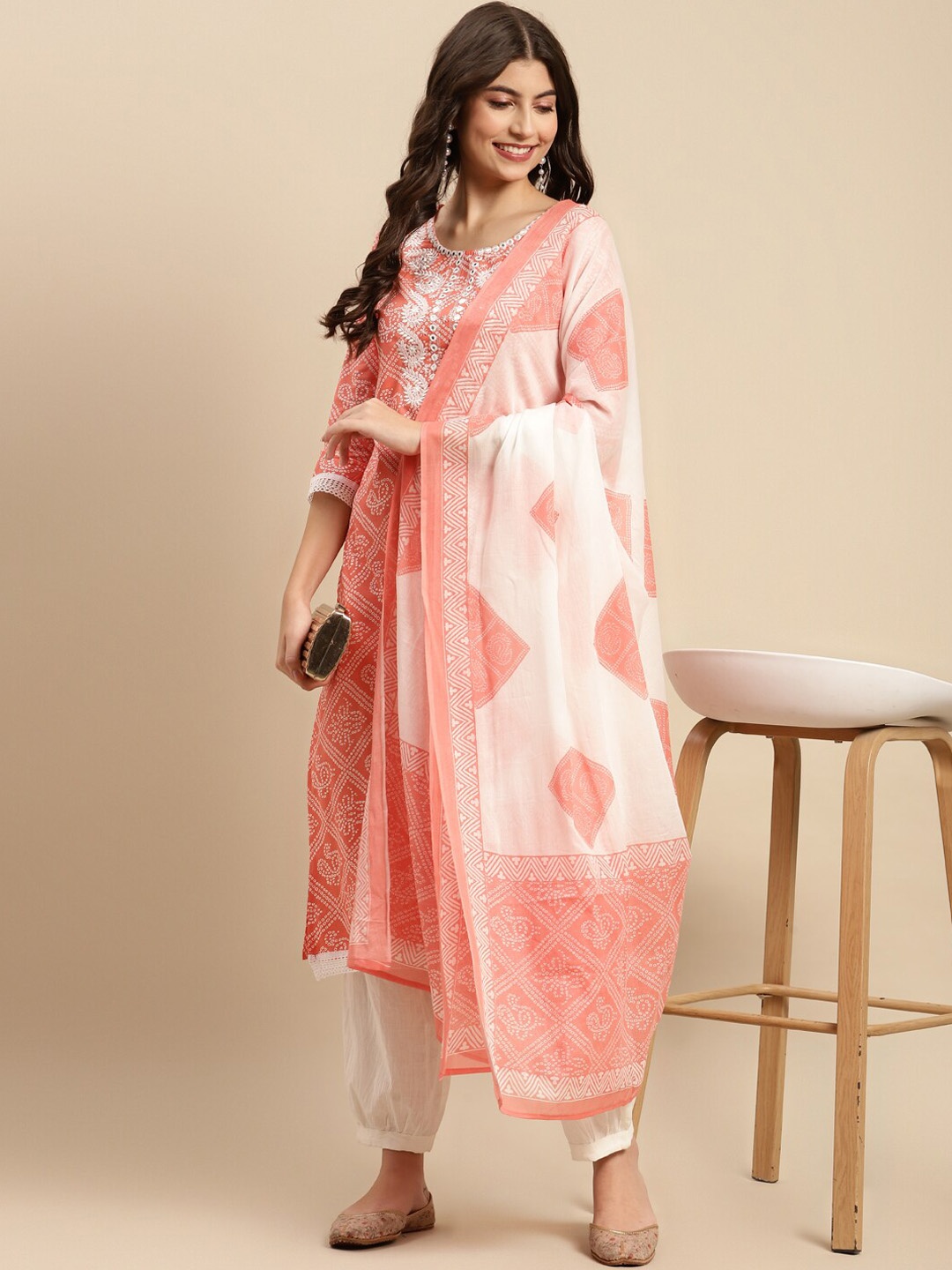 

Sangria Orange & White Bandhani Printed Pure Cotton Kurta With Trouser & Dupatta