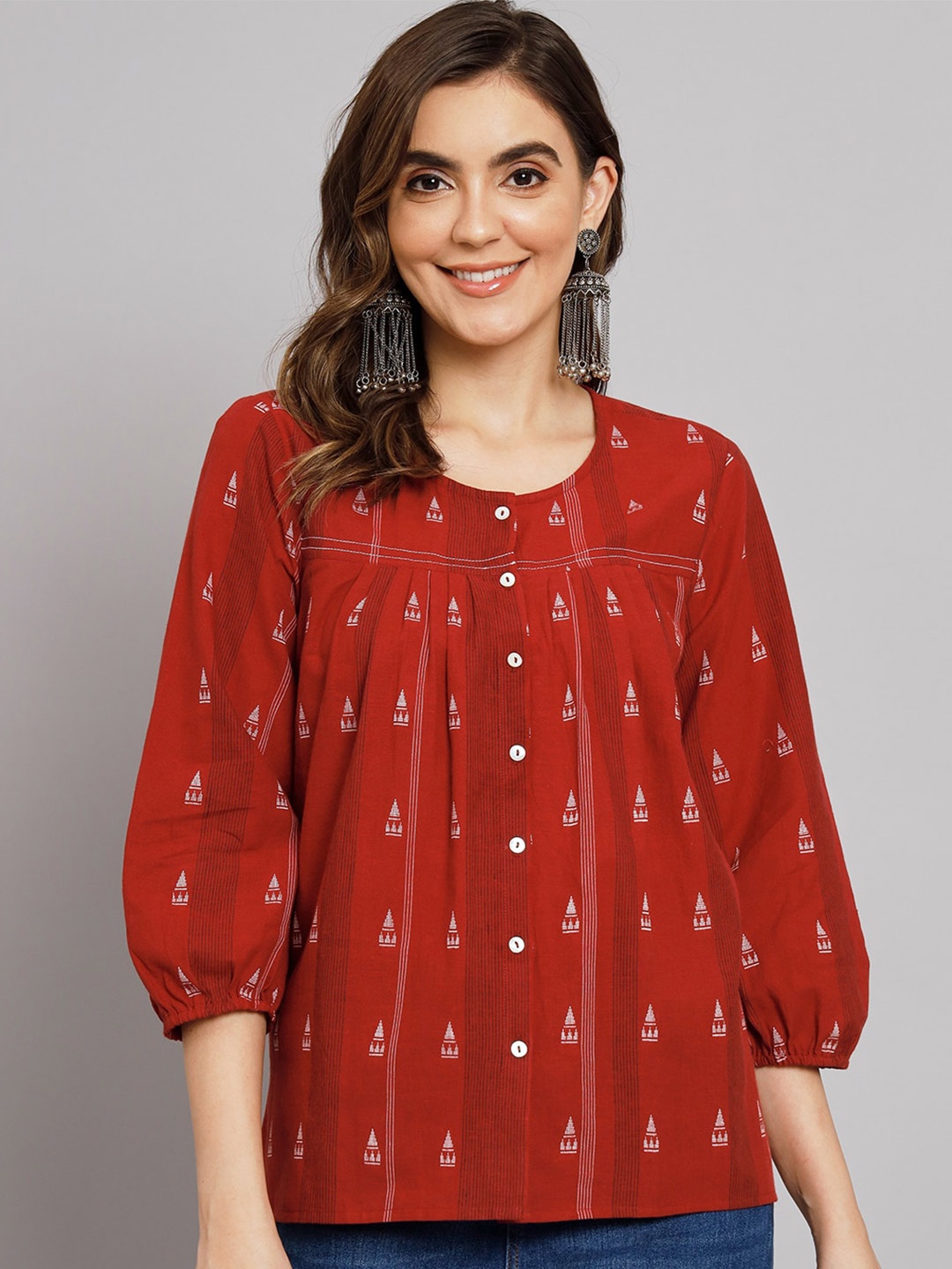 

Sutidora Conversational Printed Puffed Sleeves Pure Cotton A-Line Top, Maroon