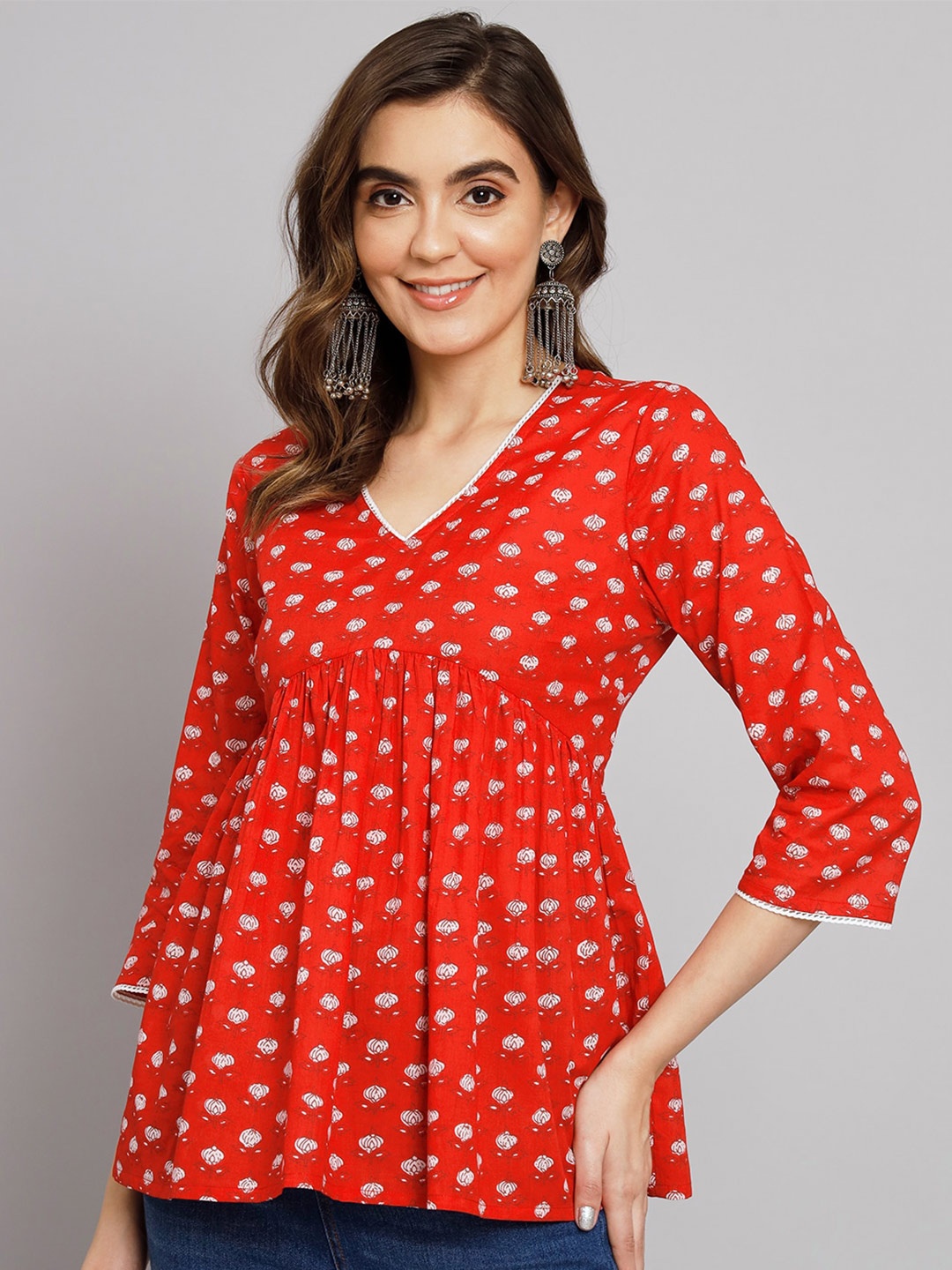 

Sutidora Floral Printed Pure Cotton Empire Top, Red